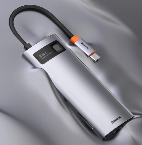 Hub Baseus Metal Gleam 8w1 USB-C - USB-C PD 100W 1x HDMI 4K 30Hz 1x czytnik kart SD i microSD 3x USB-A 3.2 1xRJ45 - szary