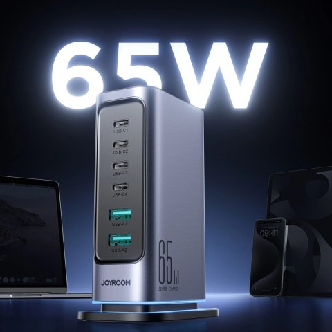 Ładowarka Joyroom JR-TCM02 wieloportowa GaN 65W EU 4x USB-C 2x USB-A - ciemnoszara
