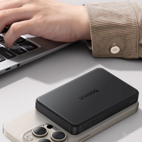 Powerbank Baseus Airpow II 10000mAh Qi2 z MagSafe 22,5W z kablem Baseus Simple Series USB-C - USB-C 20V/3A (30cm) - czarny