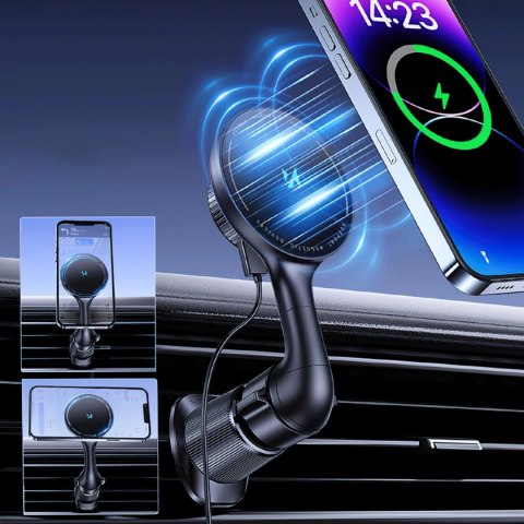 Uchwyt samochodowy Wozinsky WCT5-6S4Y z ładowarką indukcyjną Qi/MagSafe 15W na kratkę nawiewu - czarny