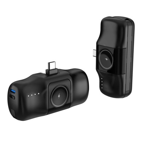 Mini powerbank Wozinsky WF16-YCS 5000mAh 15W USB-C z wbudowanym kablem USB-C i ładowarką do Apple Watch - czarny