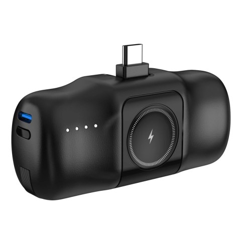 Mini powerbank Wozinsky WF16-YCS 5000mAh 15W USB-C z wbudowanym kablem USB-C i ładowarką do Apple Watch - czarny