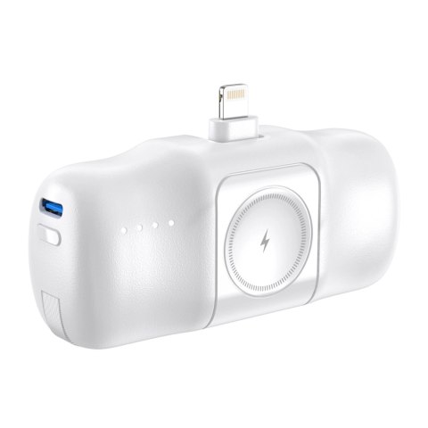 Mini powerbank Wozinsky WF16-YLS 5000mAh 15W Lightning z wbudowanym kablem USB-C i ładowarką do Apple Watch - biały