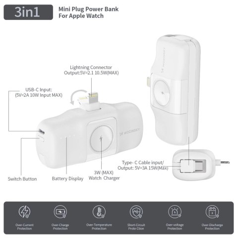 Mini powerbank Wozinsky WF16-YLS 5000mAh 15W Lightning z wbudowanym kablem USB-C i ładowarką do Apple Watch - biały