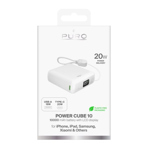 Powerbank Puro 10000mAh 20W USB-C USB-A z wyświetlaczem i wbudowanym kablem USB-C - biały