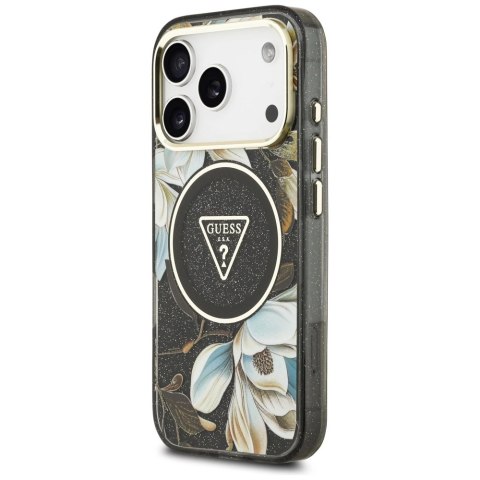 Etui Guess IML Glitter Flowers Triangle MagSafe na iPhone 17 Pro Max - czarne