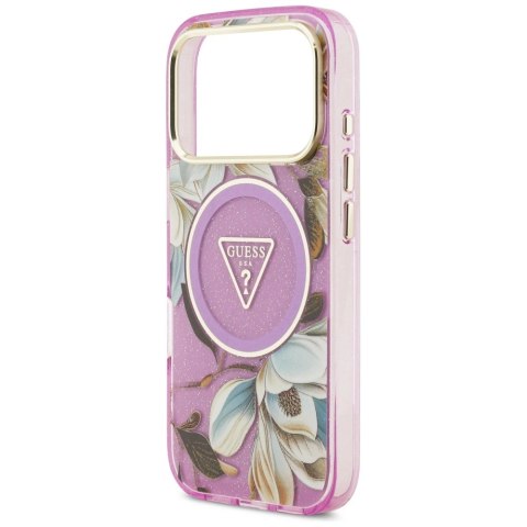 Etui Guess IML Glitter Flowers Triangle MagSafe na iPhone 17 Pro Max - fioletowe