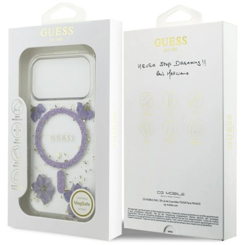Etui Guess Resin Flowers Glitter MagSafe na iPhone 17 Pro - fioletowe