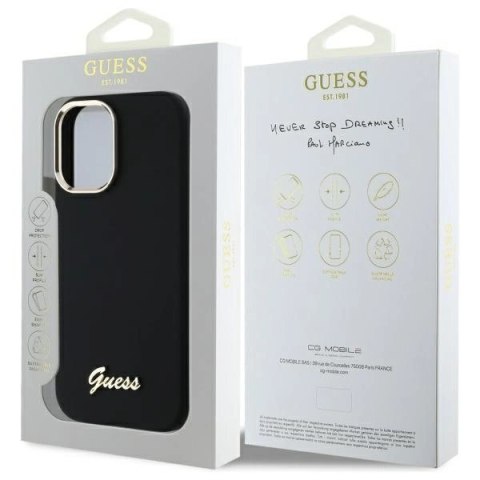 Etui Guess Silicone Script Metal Logo & Frame na iPhone 16 Plus - czarne