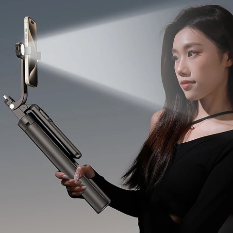 Selfie stick WH181D-Y1S teleskopowy statyw 1.75m ze stopu aluminium z podwójną lampą i uchwytem na telefon - czarny