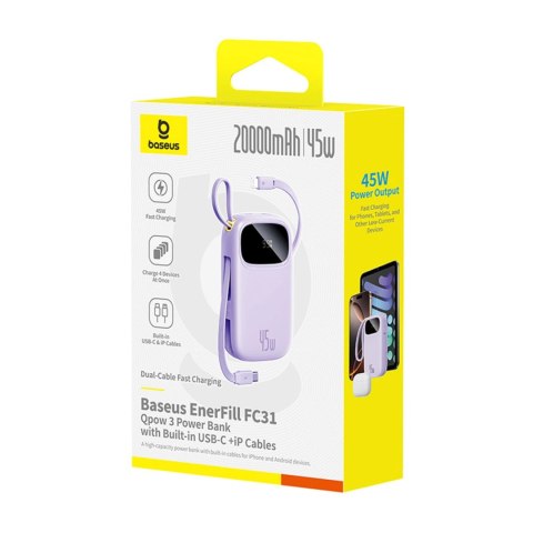 Powerbank Baseus EnerFill FC31 20000mAh 45W z wyświetlaczem z kablami USB-C i Lightning - fioletowy