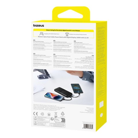 Powerbank Baseus Lipow 10000mAh 22.5W z podwójnym wbudowanym kablem z wyświetlaczem (z dodatkowym czarnym kablem Baseus Simple U
