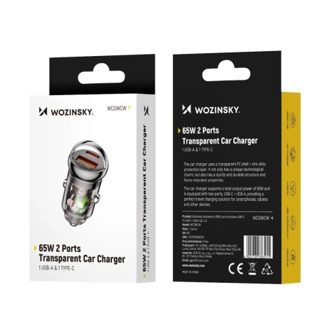 Wozinsky Ładowarka 65W samochodowa USB-C PD 65W / USB-A 45W QC 3.0 - czarna