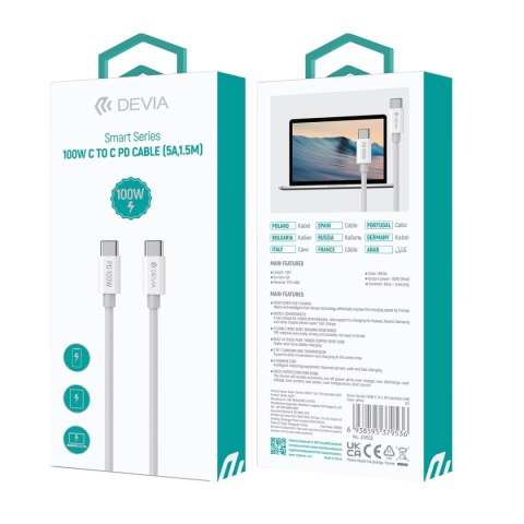 Devia kabel Smart EC317 PD USB-C - USB-C 1,5 m 100W 5A biały Devia kabel Smart EC317 PD USB-C - USB-C 1,5 m 100W 5A biały