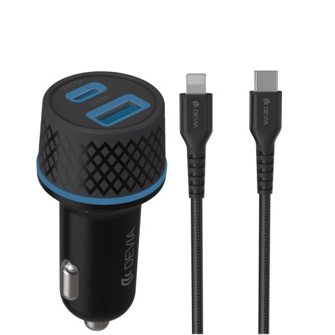 Devia ładowarka samochodowa Extreme PD QC 52,5W 1x USB-C 1x USB czarna + kabel USB-C - Lightning Devia ładowarka samochodowa Extreme PD QC 52,5W 1x USB-C 1x USB czarna + kabel USB-C - Lightning