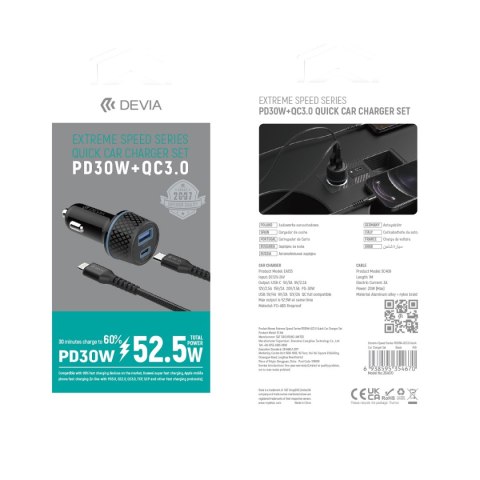 Devia ładowarka samochodowa Extreme PD QC 52,5W 1x USB-C 1x USB czarna + kabel USB-C - Lightning Devia ładowarka samochodowa Extreme PD QC 52,5W 1x USB-C 1x USB czarna + kabel USB-C - Lightning