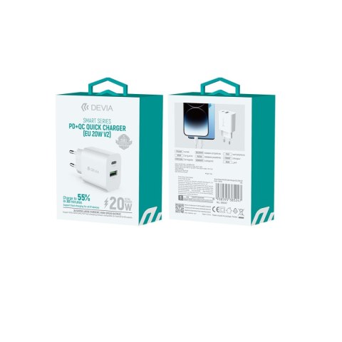 Devia ładowarka sieciowa Smart PD 1x USB-C 1x USB 20W biała Devia ładowarka sieciowa Smart PD 1x USB-C 1x USB 20W biała