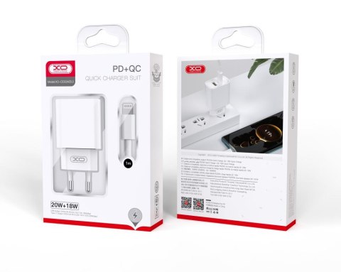 XO ładowarka sieciowa CE02A PD 20W QC 3.0 18W 1x USB 1x USB-C biała + kabel USB-C - Lightning XO ładowarka sieciowa CE02A PD 20W QC 3.0 18W 1x USB 1x USB-C biała + kabel USB-C - Lightning