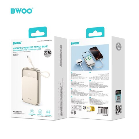 BWOO P80 powerbank PD 20W 10000 mAh z dwoma kablami i wyświetlaczem złoty
