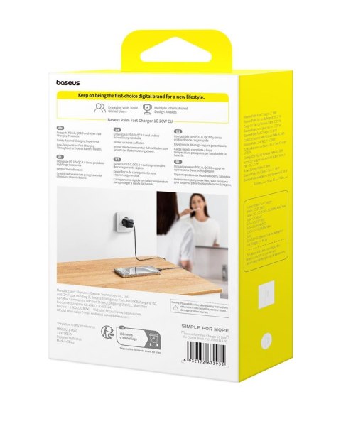Baseus Palm Szybka Ładowarka Sieciowa 20W 1×USB-C EU Czarny