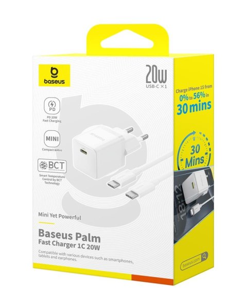 Baseus Palm Szybka Ładowarka Sieciowa 20W 1×USB-C z kablem biały