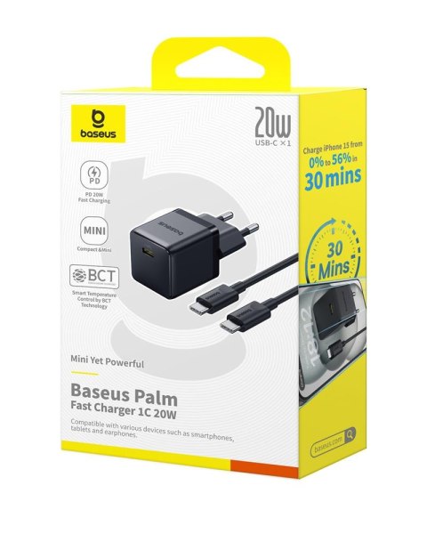 Baseus Palm Szybka Ładowarka Sieciowa 20W 1×USB-C z kablem czarny