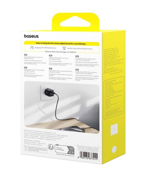 Baseus Palm Szybka Ładowarka Sieciowa 20W 1×USB-C z kablem czarny
