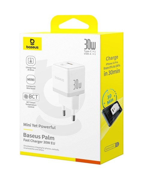 Baseus Palm Szybka Ładowarka Sieciowa 30W USB-C USB-A EU Biały