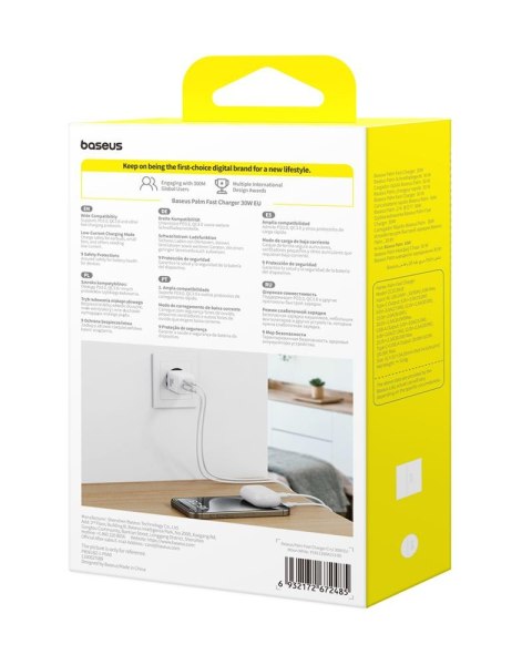 Baseus Palm Szybka Ładowarka Sieciowa 30W USB-C USB-A EU Biały