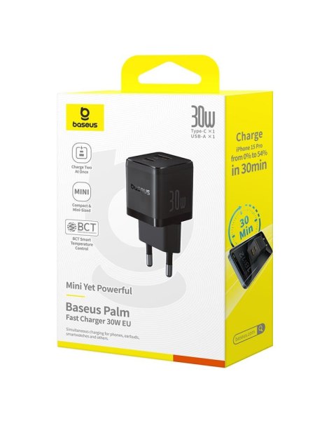 Baseus Palm Szybka Ładowarka Sieciowa 30W USB-C USB-A EU Czarny