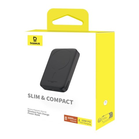 Powerbank Baseus Magnetic Mini Air 6000mAh 20W z ładowaniem indukcyjnym z kablem Baseus Simple USB-C (20V/3A) 30cm - czarny