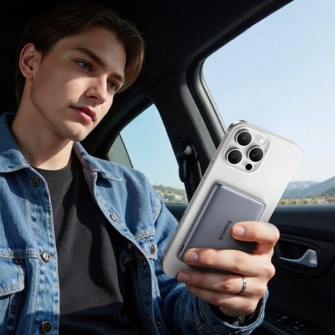 Powerbank Baseus PicoGo AM31 Qi2 5000mAh 20W ultracienki kompatybilny z MagSafe z podstawką z kablem plecionym Baseus Simple USB