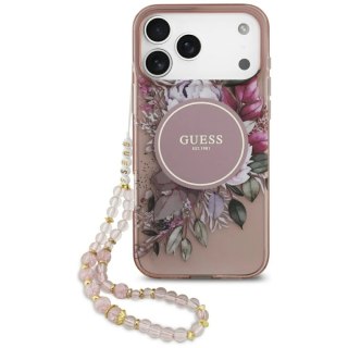 Etui Guess IML Flowers Pearl Strap MagSafe na iPhone 17 Pro Max - różowe