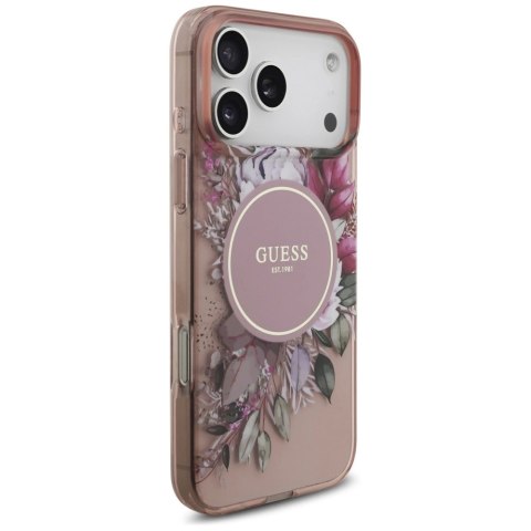 Etui Guess IML Flowers Pearl Strap MagSafe na iPhone 17 Pro Max - różowe