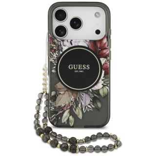 Etui Guess IML Flowers Pearl Strap MagSafe na iPhone 17 Pro - czarne