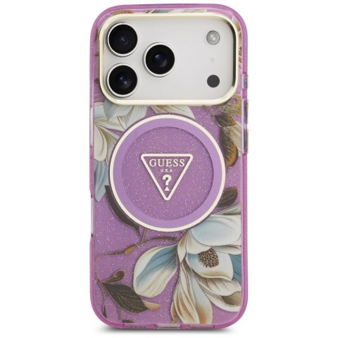 Etui Guess IML Glitter Flowers Triangle MagSafe na iPhone 17 Pro - fioletowe