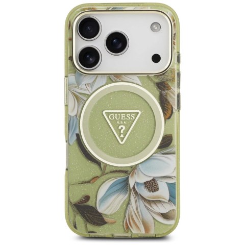 Etui Guess IML Glitter Flowers Triangle MagSafe na iPhone 17 Pro - zielone