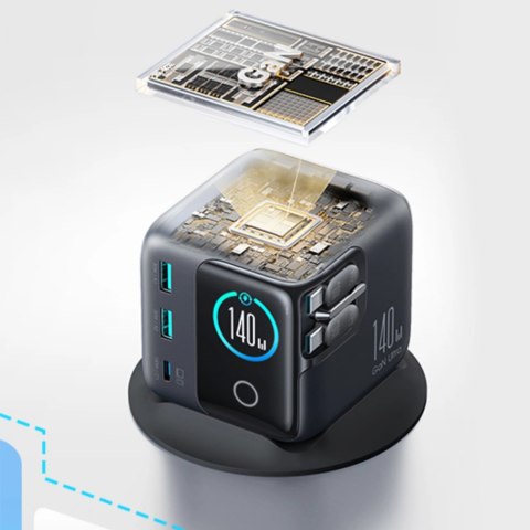 Ładowarka biurkowa Joyroom Podix JR-TRD01 GaN 140W z 5 portami i podwójnymi zwijanymi kablami - szara