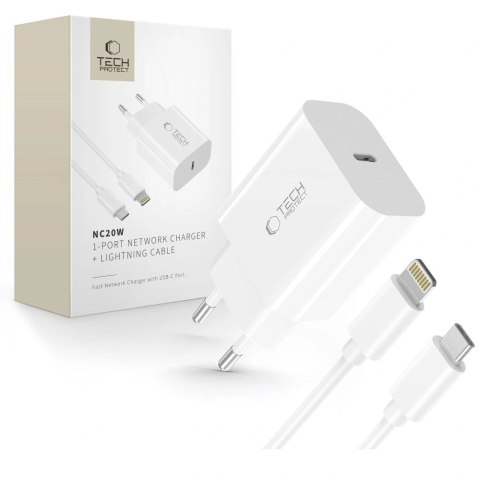 Ładowarka sieciowa Tech-Protect NC20W z kablem USB-C / Lighting 100 cm - biała