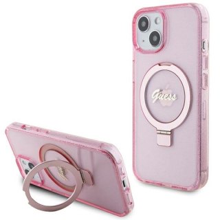 Guess nakładka do iPhone 15 6,1" GUHMP15SHRSGSP różowa HC RING STAND MAGSAFE SCRIPT LOGO GLITTER