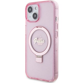 Guess nakładka do iPhone 15 6,1" GUHMP15SHRSGSP różowa HC RING STAND MAGSAFE SCRIPT LOGO GLITTER