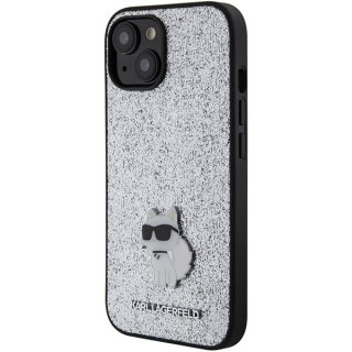 Karl Lagerfeld nakładka do iPhone 15 6,1" srebrna hardcase Fixed Glitter Choupette Logo Metal Pin
