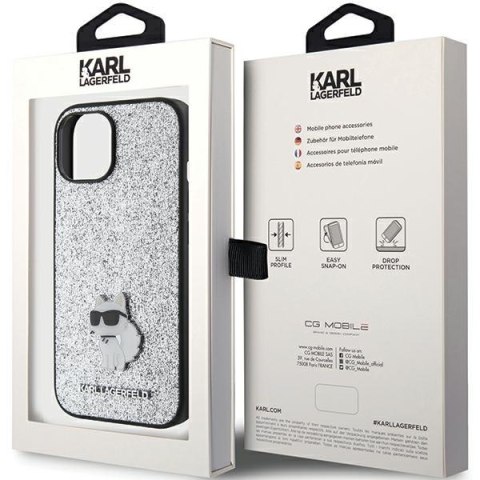 Karl Lagerfeld nakładka do iPhone 15 6,1" srebrna hardcase Fixed Glitter Choupette Logo Metal Pin Karl Lagerfeld nakładka do iPhone 15 6,1" srebrna hardcase Fixed Glitter Choupette Logo Metal Pin