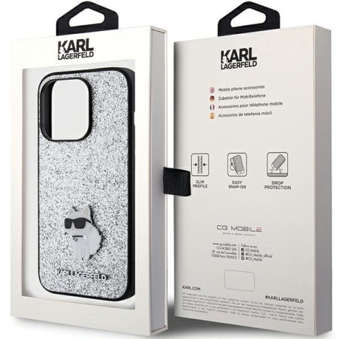 Karl Lagerfeld nakładka do iPhone 15 Pro 6,1" KLHCP15LGCNPSG srebrna hardcase Fixed Glitter Choupette Logo Metal Pin Karl Lagerfeld nakładka do iPhone 15 Pro 6,1" KLHCP15LGCNPSG srebrna hardcase Fixed Glitter Choupette Logo Metal Pin