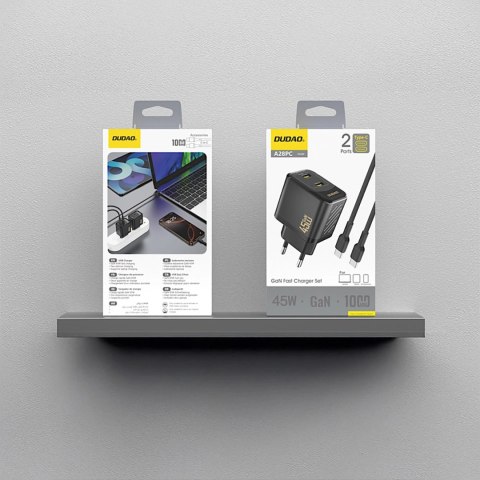 Ładowarka sieciowa Dudao A28PCEU PD 45W GaN 2xUSB-C z kablem USB-C - czarna