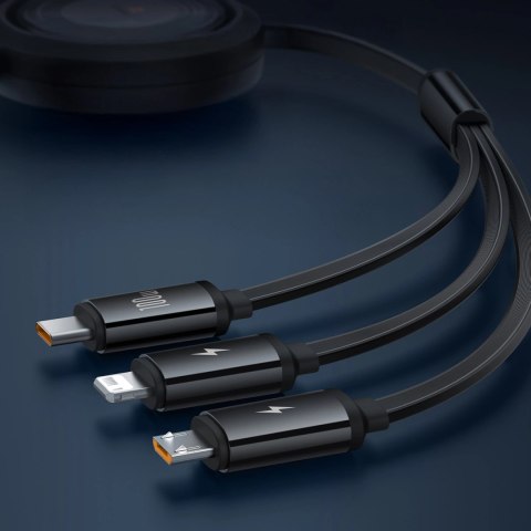 Kabel zwijany Baseus Free2Draw Retractable Crystal 100W 3w1 USB-A - MicroUSB/Lightning/USB-C 1,1m - czarny
