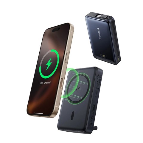 Powerbank Baseus Nomos 10000mAh 45W Qi2 z podstawką kompatybilny z MagSafe z wbudowanym kablem USB-C - czarny