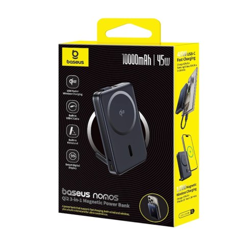 Powerbank Baseus Nomos 10000mAh 45W Qi2 z podstawką kompatybilny z MagSafe z wbudowanym kablem USB-C - czarny