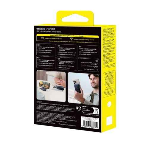 Powerbank Baseus Nomos 10000mAh 45W Qi2 z podstawką kompatybilny z MagSafe z wbudowanym kablem USB-C - czarny