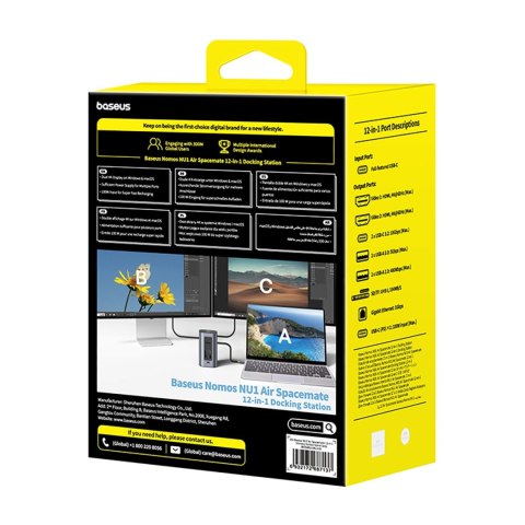 Stacja dokująca Baseus NU1 Air Spacemate hub 12w1 USB-C - 2xHDMI 4K@60Hz 2xUSB-C 10Gb/s 2xUSB-A 5Gb/s 2xUSB-A (480Mb/s) RJ45 SD/